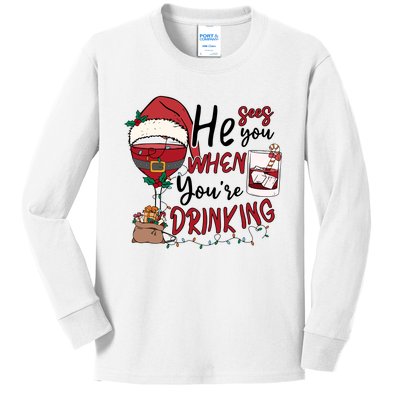 He Sees You When You're Drinking Funny Santa Hat Christmas Lights Kids Long Sleeve Shirt