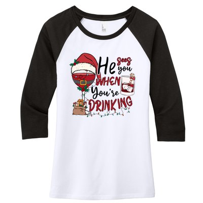 He Sees You When You're Drinking Funny Santa Hat Christmas Lights Women's Tri-Blend 3/4-Sleeve Raglan Shirt