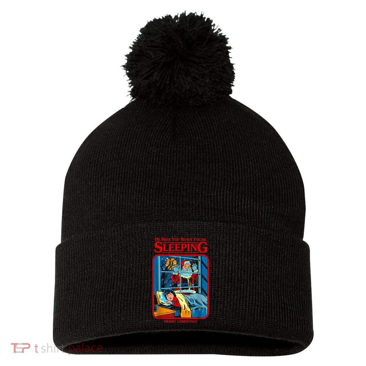 He Sees You When YouRe Sleeping Merry Christmas Pom Pom 12in Knit Beanie