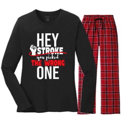 Hey Stroke You Picked The Wrong One Red Awareness Ribbon Women's Long Sleeve Flannel Pajama Set 