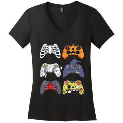 Halloween Skeleton Zombie Gaming Controllers Mummy Boy Kids 9060 Women's V-Neck T-Shirt