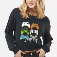 Halloween Skeleton Zombie Gaming Controllers Mummy Game Boy Cropped Pullover Crew