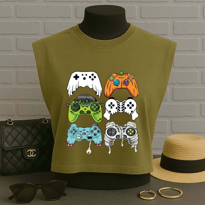 Halloween Skeleton Zombie Gaming Controllers Mummy Game Boy Garment-Dyed Women's Muscle Tee