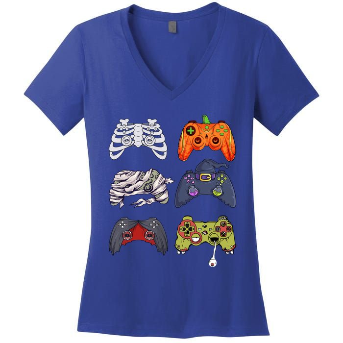 Halloween Skeleton Zombie Gaming Controllers Mummy Cute Gift Women's V-Neck T-Shirt