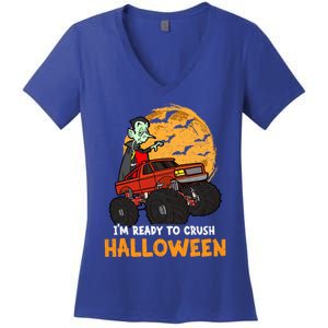 Halloween Skeleton Zombie Riding Monster Truck Vampire Gift Women's V-Neck T-Shirt