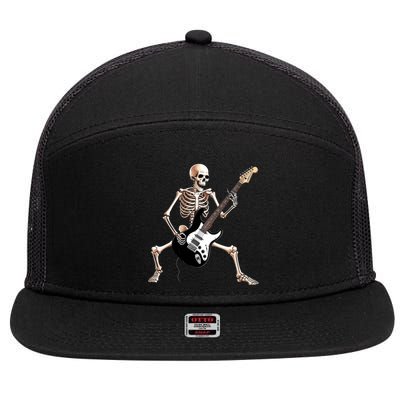 Skeleton Playing Guitar - Rock and Roll Band Graphic 7 Panel Mesh Trucker Snapback Hat