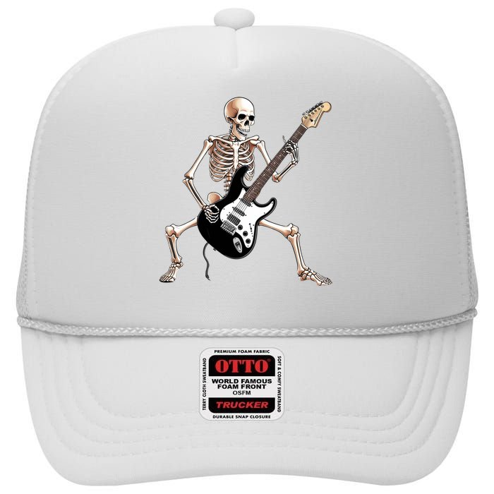 Skeleton Playing Guitar - Rock and Roll Band Graphic High Crown Mesh Back Trucker Hat