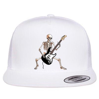 Skeleton Playing Guitar - Rock and Roll Band Graphic Flat Bill Trucker Hat