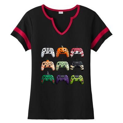 Halloween Skeleton Zombie Gamer Fun Design Ladies Halftime Notch Neck Tee