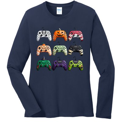 Halloween Skeleton Zombie Gamer Fun Design Ladies Long Sleeve Shirt