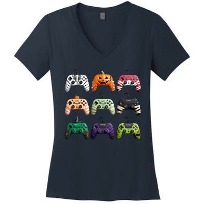 Halloween Skeleton Zombie Gamer Fun Design Women's V-Neck T-Shirt