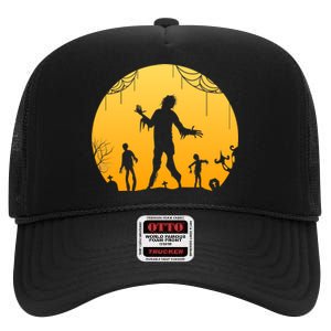 Halloween Spooky Zombie Graveyard High Crown Mesh Back Trucker Hat