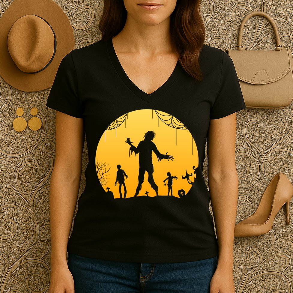 Halloween Spooky Zombie Graveyard Women's V-Neck T-Shirt