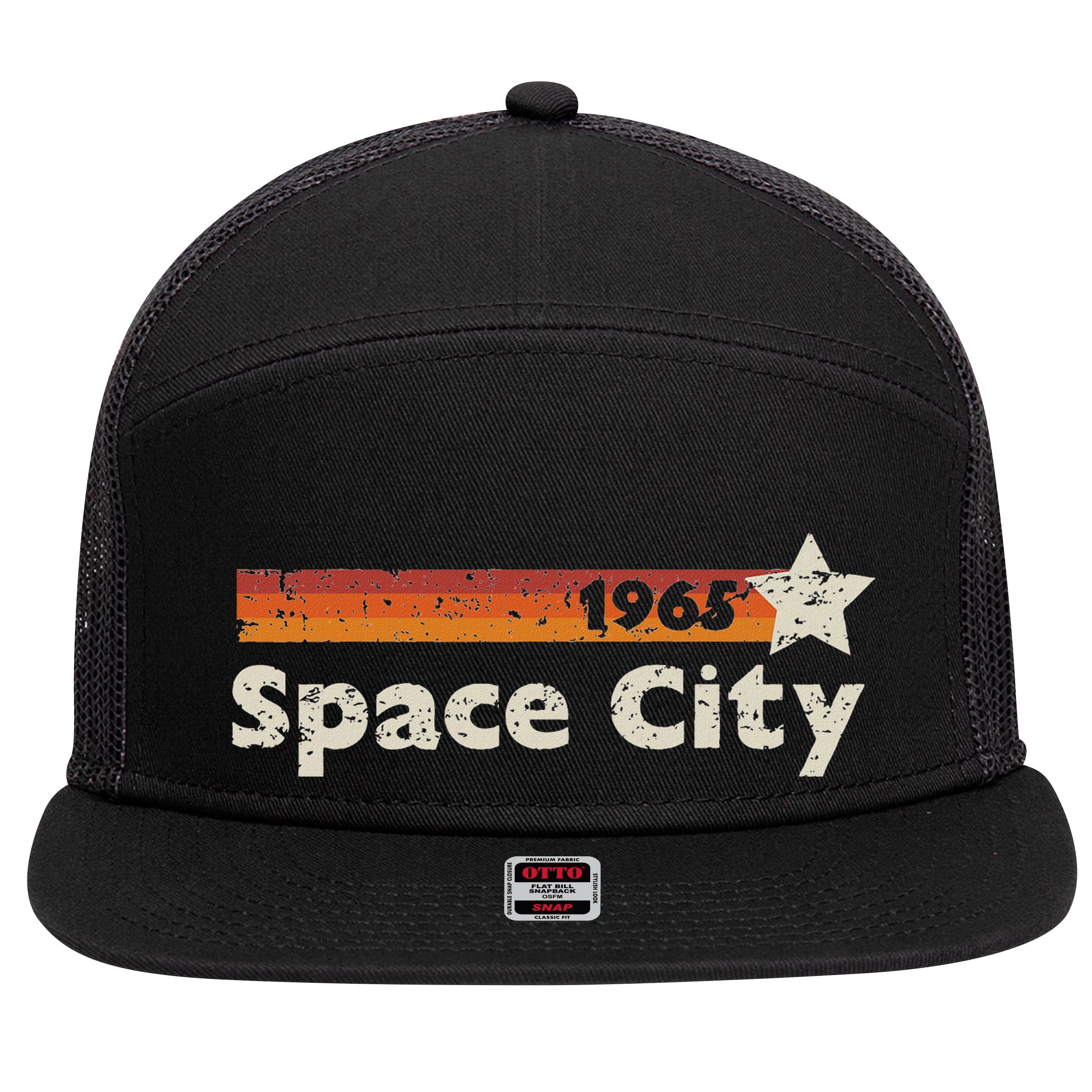 Houston Texas 1965 Space City Distressed Rocketship 7 Panel Mesh Trucker Snapback Hat
