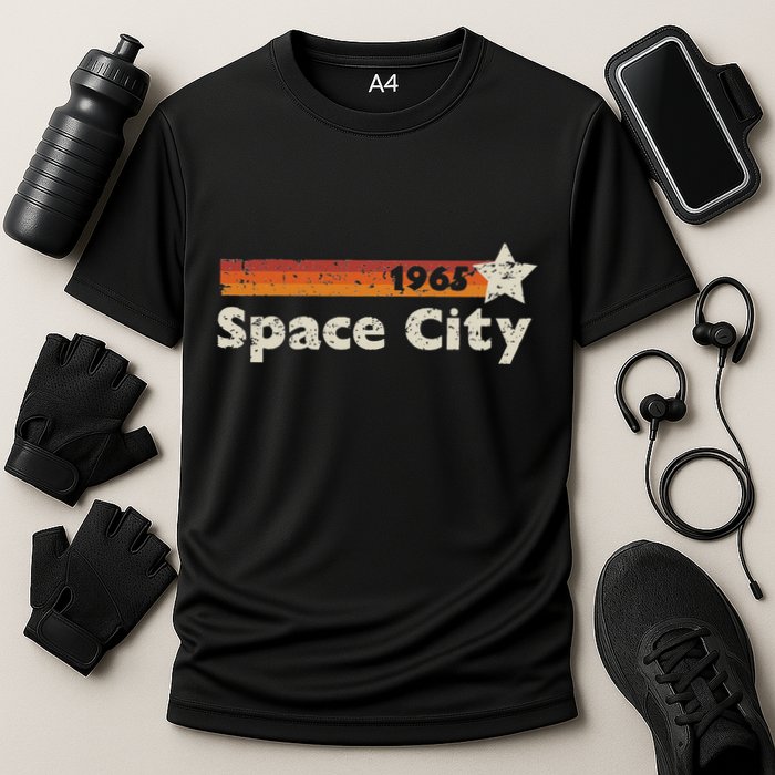 Houston Texas 1965 Space City Distressed Rocketship Cooling Performance Crew T-Shirt