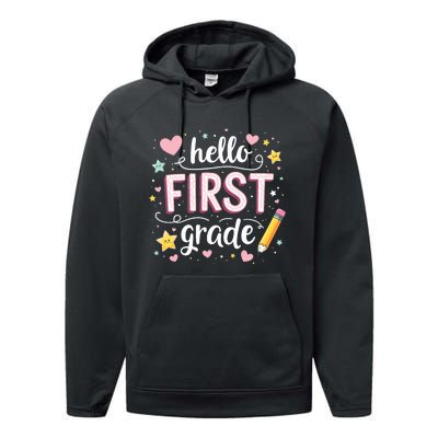 Hello Team 1st Grade Back To School Outfit Performance Fleece Hoodie