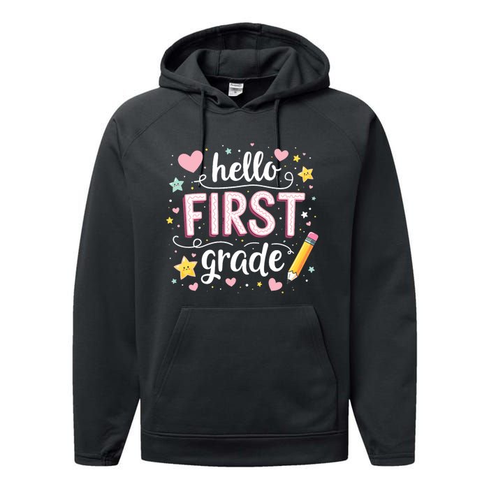 Hello Team 1st Grade Back To School Outfit Performance Fleece Hoodie