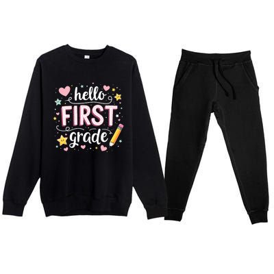 Hello Team 1st Grade Back To School Outfit Premium Crewneck Sweatsuit Set