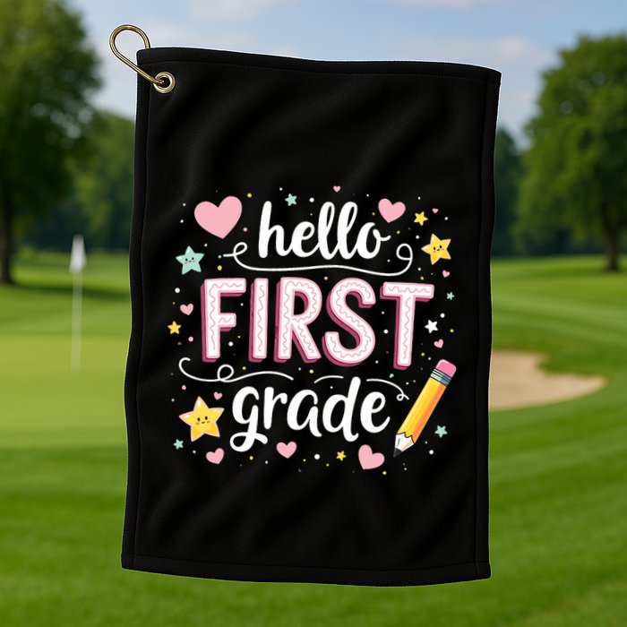 Hello Team 1st Grade Back To School Outfit Golf Towel