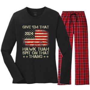 Hawk Tuah 24 Spit On That Thang Usa Flag 2024 4th Of July Women's Long Sleeve Flannel Pajama Set 