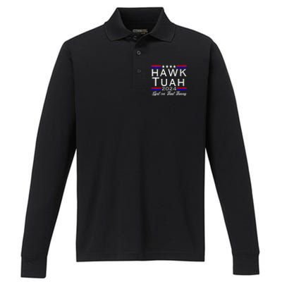 Hawk Tuah 24 Spit On That Thang White Design In Dark Apparel Performance Long Sleeve Polo