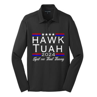 Hawk Tuah 24 Spit On That Thang White Design In Dark Apparel Silk Touch Performance Long Sleeve Polo