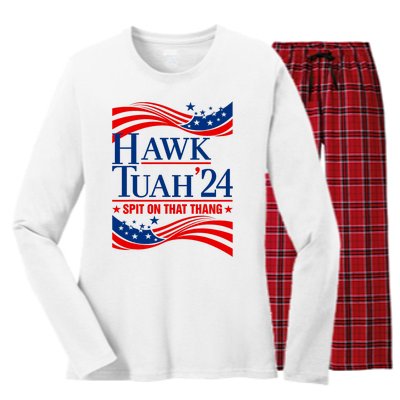 Hawk Tauh 24 Spit On That Thang Usa American Flag Meme Quote Women's Long Sleeve Flannel Pajama Set 