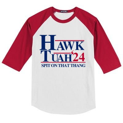 Hawk Tuah 24 Spit On That Thang Funny Saying Kids Colorblock Raglan Jersey