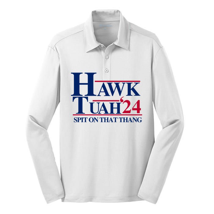 Hawk Tuah 24 Spit On That Thang Funny Saying Silk Touch Performance Long Sleeve Polo