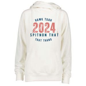 Hawk Tuah 24 Spit On That Thang Blue And Red Womens Funnel Neck Pullover Hood