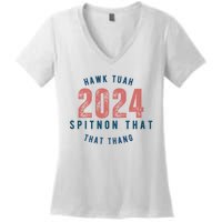 Hawk Tuah 24 Spit On That Thang Blue And Red Women's V-Neck T-Shirt