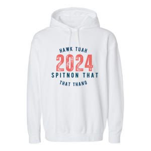 Hawk Tuah 24 Spit On That Thang Blue And Red Garment-Dyed Fleece Hoodie