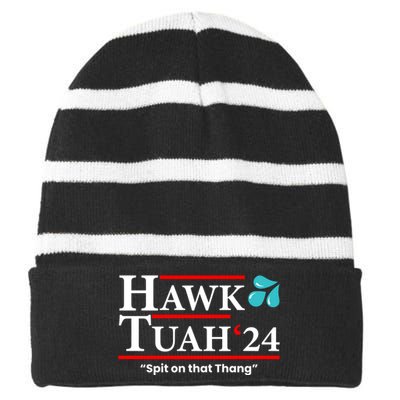 Hawk Tuah 24 Spit On That Thang Funny Saying Striped Beanie with Solid Band