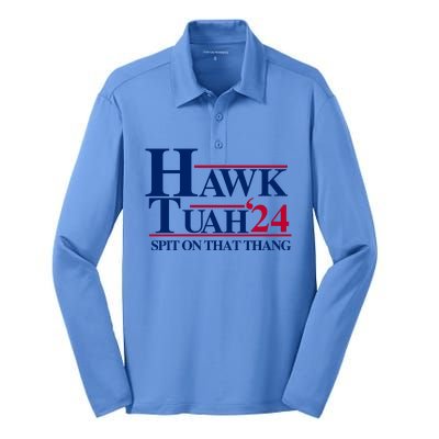 Hawk Tuah 24 Spit On That Thang Funny Saying Silk Touch Performance Long Sleeve Polo