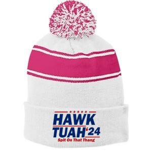 Hawk Tuah 24 Spit On That Thang Funny Saying Stripe Pom Pom Beanie