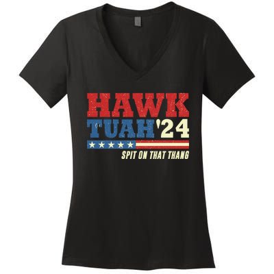 Hawk Tuah 24 Spit On That Thang Funny Saying Women's V-Neck T-Shirt