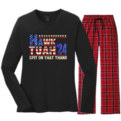 Hawk Tuah 24 Spit On That Thang Funny Saying Women's Long Sleeve Flannel Pajama Set 