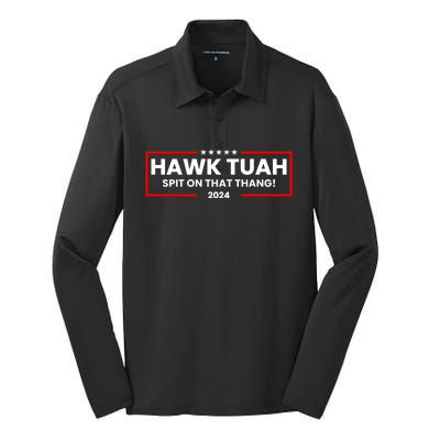 Hawk Tuah 24 Spit On That Thang Funny Saying Silk Touch Performance Long Sleeve Polo