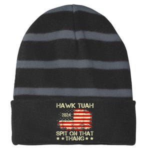 Hawk Tuah 24 Spit On That Thang Retro American Flag Gift Striped Beanie with Solid Band