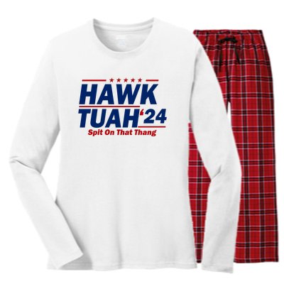 Hawk Tuah 24 Spit On That Thang Funny Saying Women's Long Sleeve Flannel Pajama Set 