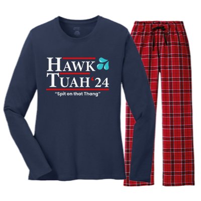 Hawk Tuah 24 Spit On That Thang Women's Long Sleeve Flannel Pajama Set 