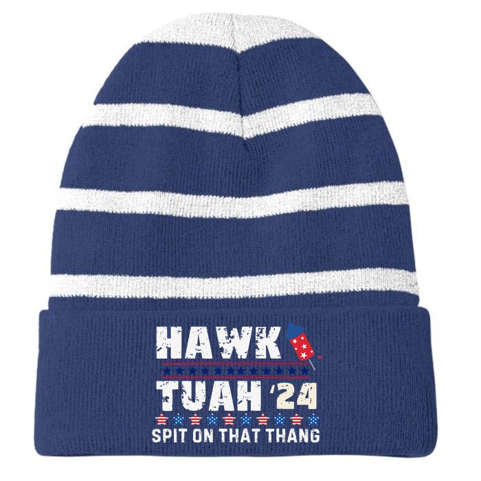 Hawk Tuah 24 Spit On That Thang America Funny Trending Meme Striped Beanie with Solid Band