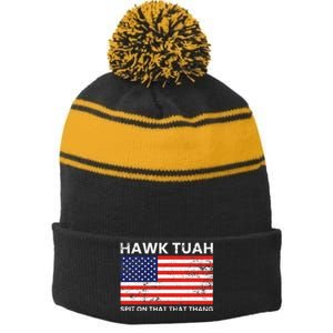 Hawk Tuah 24 Spit On That Thang Usa Flag Stripe Pom Pom Beanie