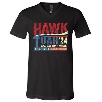 Hawk Tuah 24 Spit On That Thang Hawk Tuah 2024 Funny Viral Design V-Neck T-Shirt