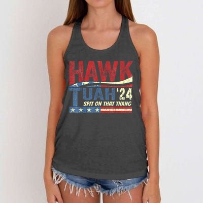 Hawk Tuah 24 Spit On That Thang Hawk Tuah 2024 Funny Viral Design Women's Knotted Racerback Tank