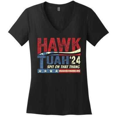 Hawk Tuah 24 Spit On That Thang Hawk Tuah 2024 Funny Viral Design Women's V-Neck T-Shirt