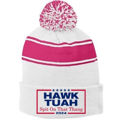 Hawk Tuah 24 Spit On That Thang Funny Quote Stripe Pom Pom Beanie