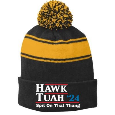 Hawk Tuah 24 Spit On That Thang Funny Quote Stripe Pom Pom Beanie