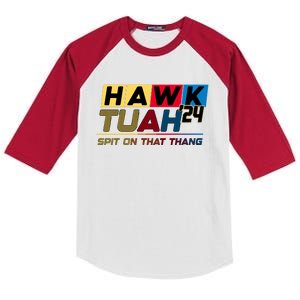 Hawk Tuah 24 Spit On That Thang Funny Saying Kids Colorblock Raglan Jersey