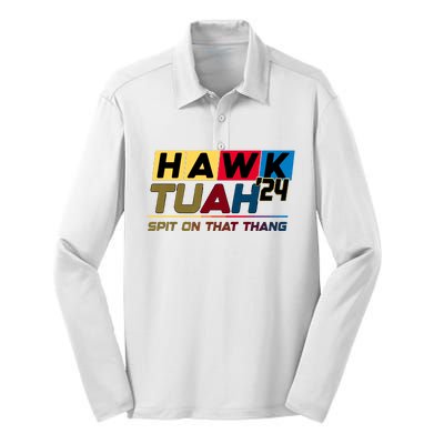 Hawk Tuah 24 Spit On That Thang Funny Saying Silk Touch Performance Long Sleeve Polo